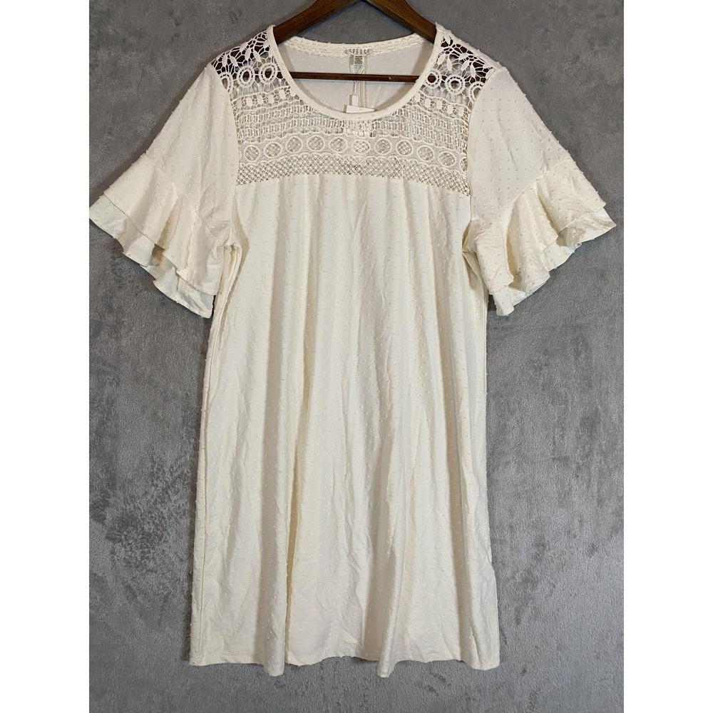Spense Dress Womens XL Whitesand Crochet Lace Yoke Ruffle Sleeve Swiss Dot New
